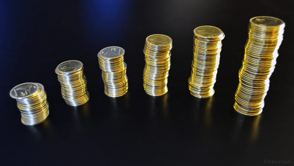 stack of coins, Denarium Bitcoins Physical Bitcoin