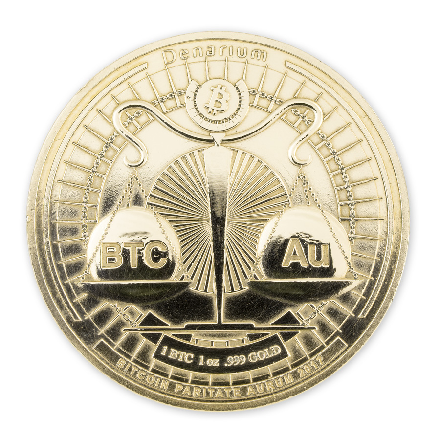 Denarium 1 BTC Parity Gold Coin, .999 gold, 1 oz gold, physical bitcoin, bitcoin coin