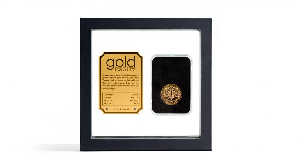 Denarium 1 BTC Parity Gold Coin package front, gold coin, parity,.999 gold, physical bitcoin